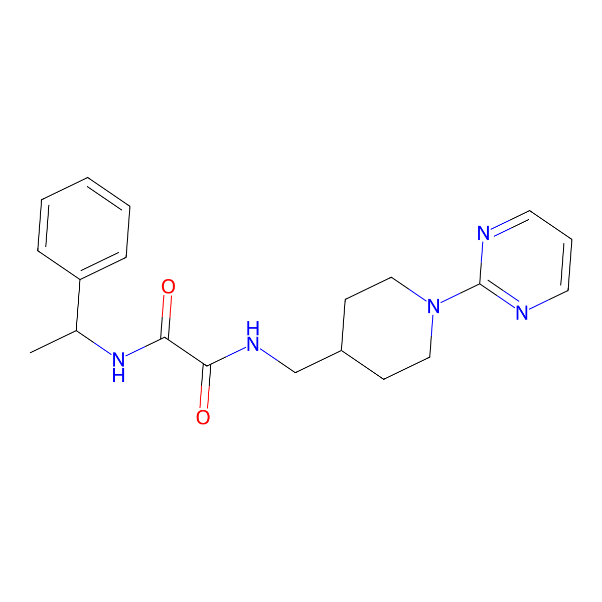 N1-(1-phenylethyl)-N2-((1-(pyrimidin-2-yl)piperidin-4-yl)methyl)oxalamide molecular structure, CAS 1235139-26-0