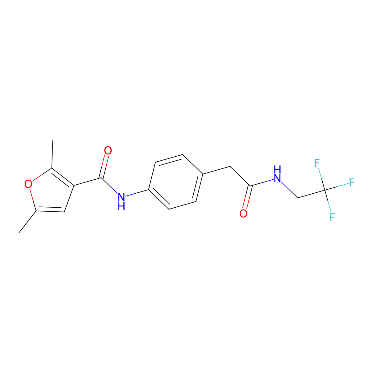 2,5-dimethyl-N-(4-(2-oxo-2-((2,2,2-trifluoroethyl)amino)ethyl)phenyl)furan-3-carboxamide molecular structure, CAS 1235147-63-3