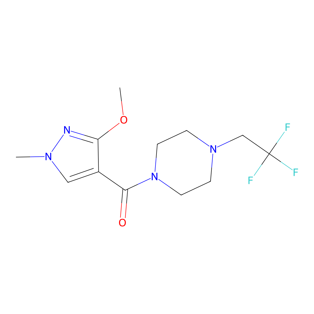 1-(3-methoxy-1-methyl-1H-pyrazole-4-carbonyl)-4-(2,2,2-trifluoroethyl)piperazine molecular structure, CAS 1235148-43-2