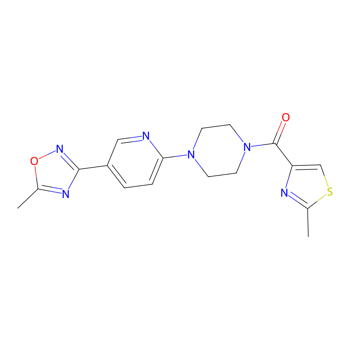 (4-(5-(5-Methyl-1,2,4-oxadiazol-3-yl)pyridin-2-yl)piperazin-1-yl)(2-methylthiazol-4-yl)methanone molecular structure, CAS 1235149-54-8