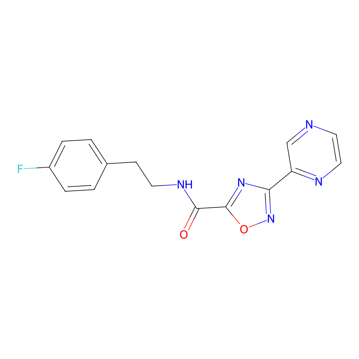 N-(4-fluorophenethyl)-3-(pyrazin-2-yl)-1,2,4-oxadiazole-5-carboxamide molecular structure, CAS 1235150-23-8