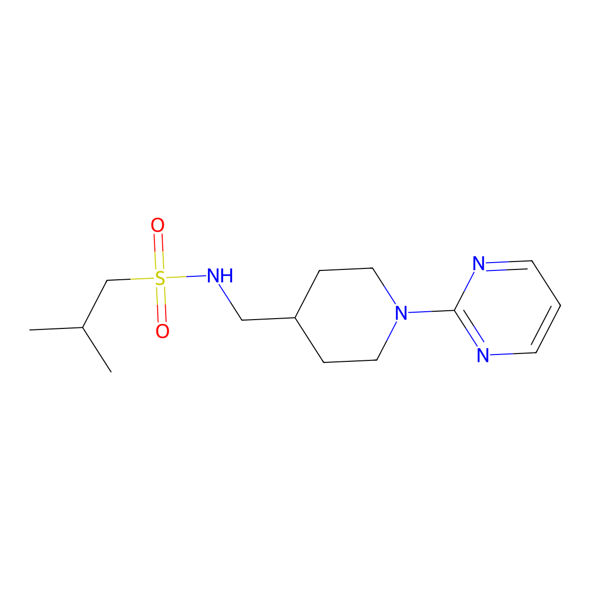 2-methyl-N-((1-(pyrimidin-2-yl)piperidin-4-yl)methyl)propane-1-sulfonamide molecular structure, CAS 1235151-60-6