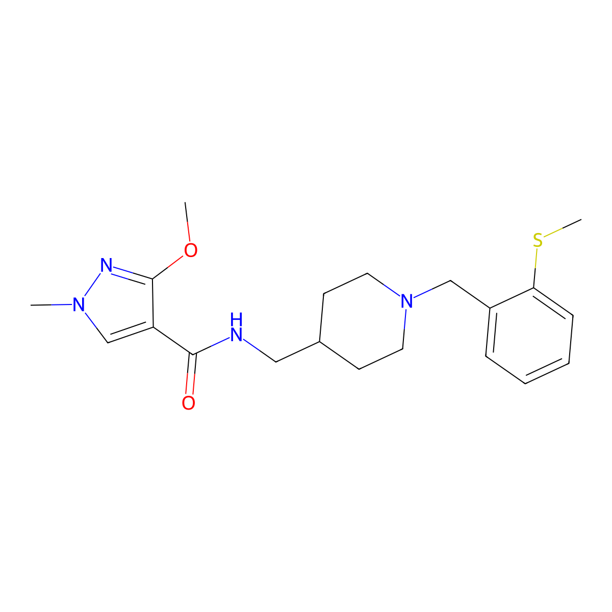 3-methoxy-1-methyl-N-((1-(2-(methylthio)benzyl)piperidin-4-yl)methyl)-1H-pyrazole-4-carboxamide molecular structure, CAS 1235151-90-2