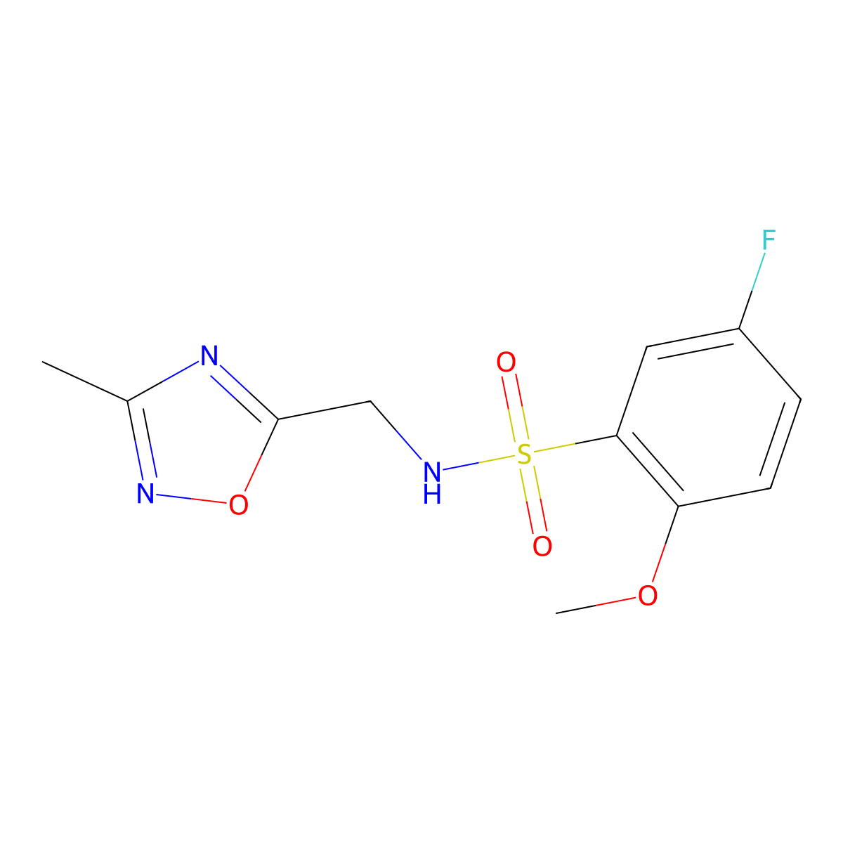 5-fluoro-2-methoxy-N-((3-methyl-1,2,4-oxadiazol-5-yl)methyl)benzenesulfonamide molecular structure, CAS 1235152-12-1