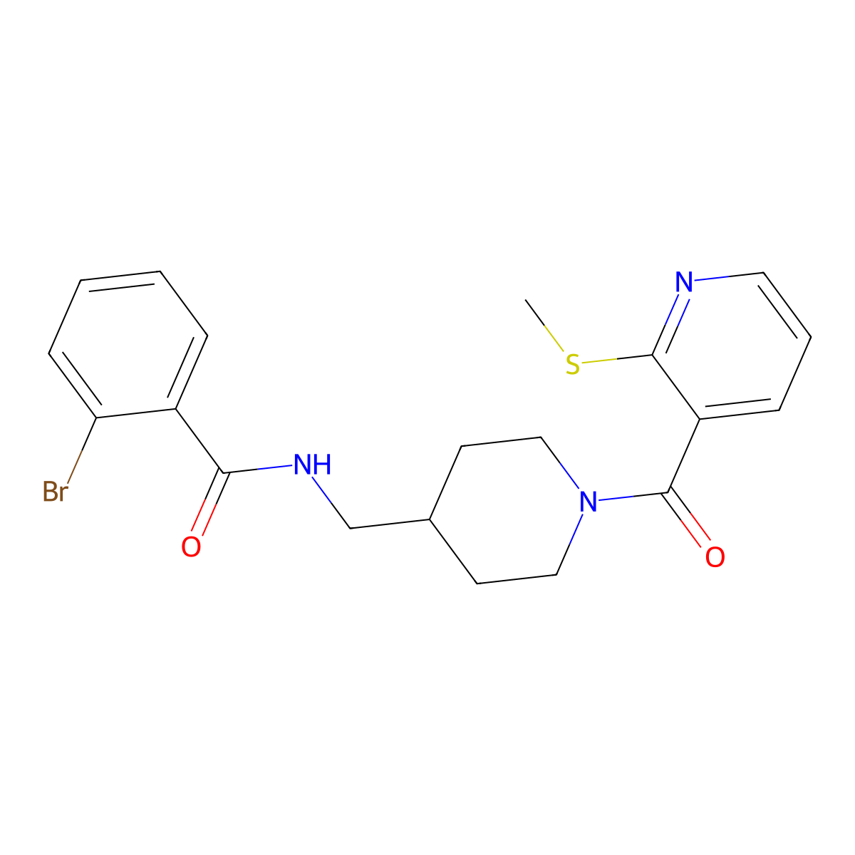 2-bromo-N-((1-(2-(methylthio)nicotinoyl)piperidin-4-yl)methyl)benzamide molecular structure, CAS 1235155-13-1