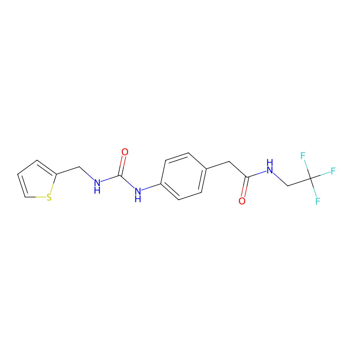 2-(4-(3-(thiophen-2-ylmethyl)ureido)phenyl)-N-(2,2,2-trifluoroethyl)acetamide molecular structure, CAS 1235158-91-4