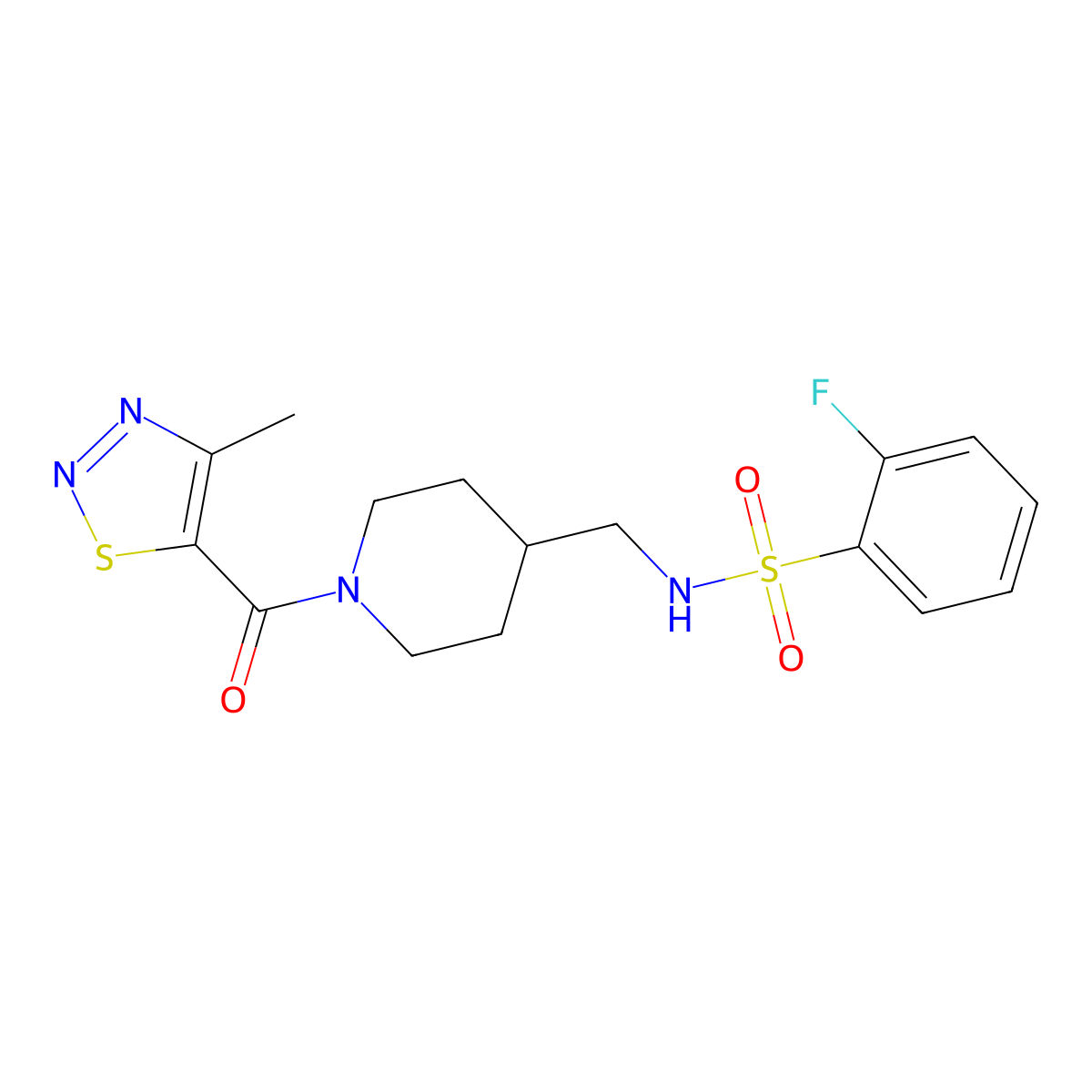 2-fluoro-N-((1-(4-methyl-1,2,3-thiadiazole-5-carbonyl)piperidin-4-yl)methyl)benzenesulfonamide molecular structure, CAS 1235159-54-2