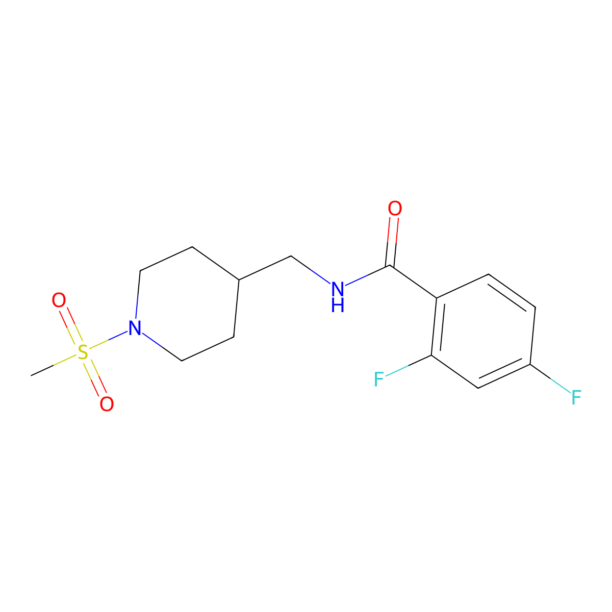 2,4-difluoro-N-((1-(methylsulfonyl)piperidin-4-yl)methyl)benzamide molecular structure, CAS 1235161-14-4