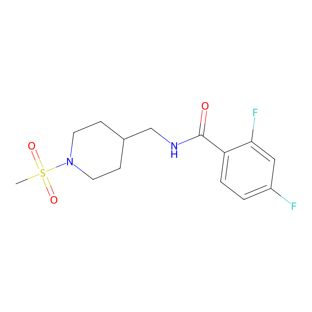 2,4-difluoro-N-((1-(methylsulfonyl)piperidin-4-yl)methyl)benzamide molecular structure, CAS 1235161-14-4