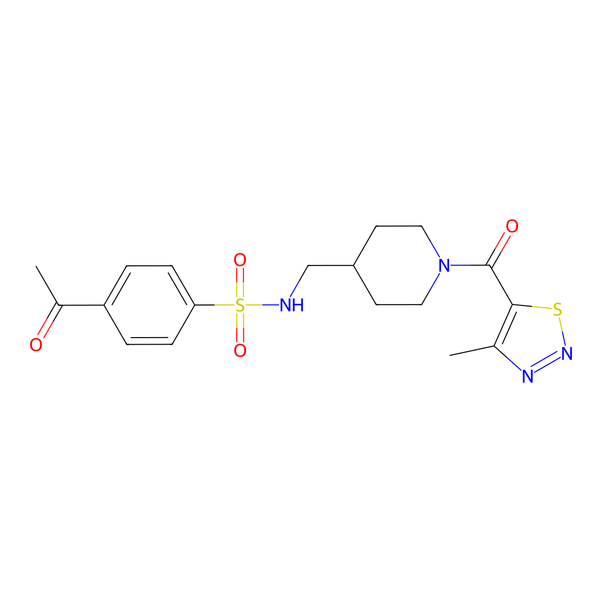 4-acetyl-N-((1-(4-methyl-1,2,3-thiadiazole-5-carbonyl)piperidin-4-yl)methyl)benzenesulfonamide molecular structure, CAS 1235171-88-6