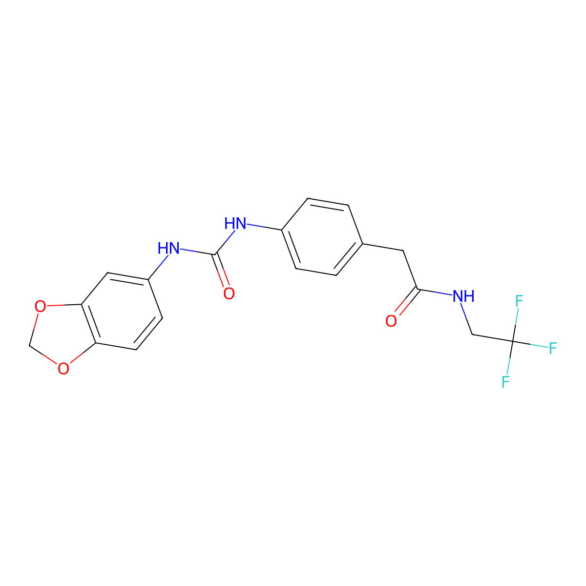 2-(4-(3-(benzo[d][1,3]dioxol-5-yl)ureido)phenyl)-N-(2,2,2-trifluoroethyl)acetamide molecular structure, CAS 1235172-60-7
