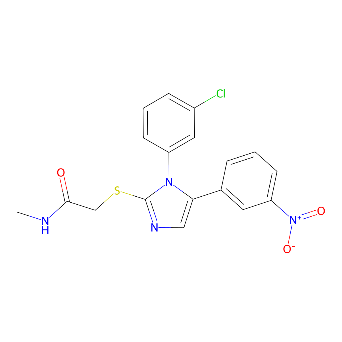 2-((1-(3-chlorophenyl)-5-(3-nitrophenyl)-1H-imidazol-2-yl)thio)-N-methylacetamide molecular structure, CAS 1235200-12-0