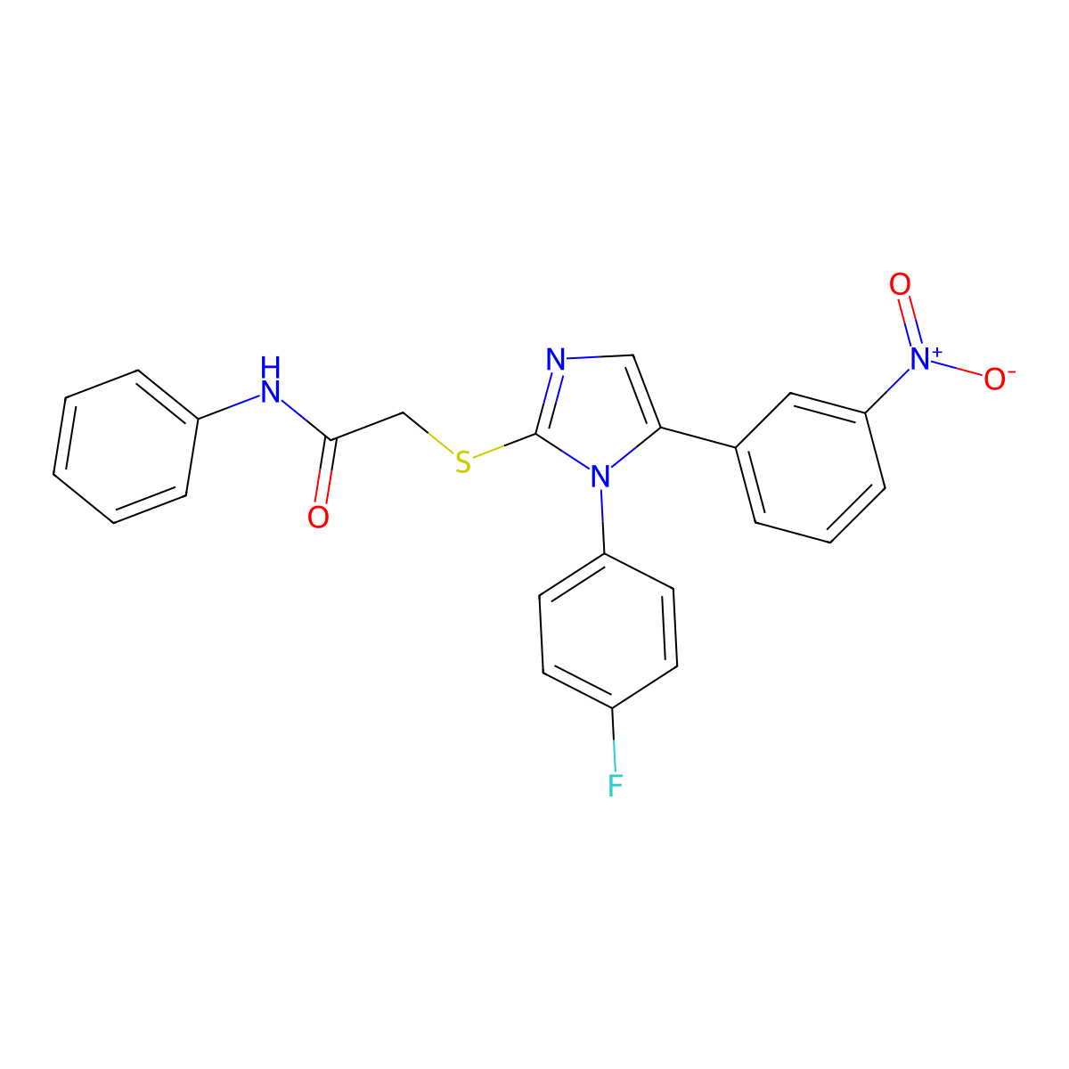 2-((1-(4-fluorophenyl)-5-(3-nitrophenyl)-1H-imidazol-2-yl)thio)-N-phenylacetamide molecular structure, CAS 1235210-66-8