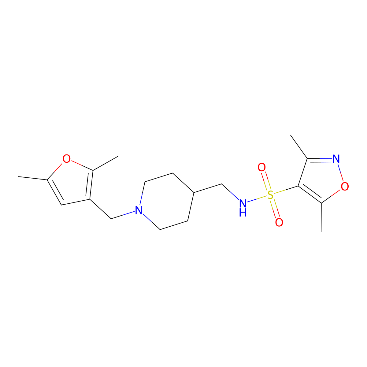 N-((1-((2,5-dimethylfuran-3-yl)methyl)piperidin-4-yl)methyl)-3,5-dimethylisoxazole-4-sulfonamide molecular structure, CAS 1235223-11-6