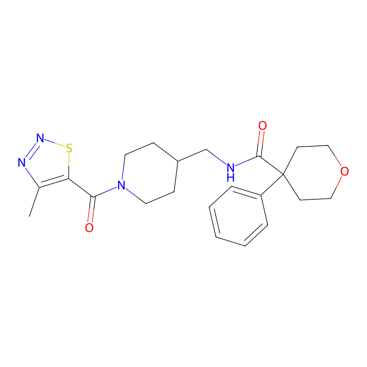 N-{[1-(4-methyl-1,2,3-thiadiazole-5-carbonyl)piperidin-4-yl]methyl}-4-phenyloxane-4-carboxamide molecular structure, CAS 1235227-43-6