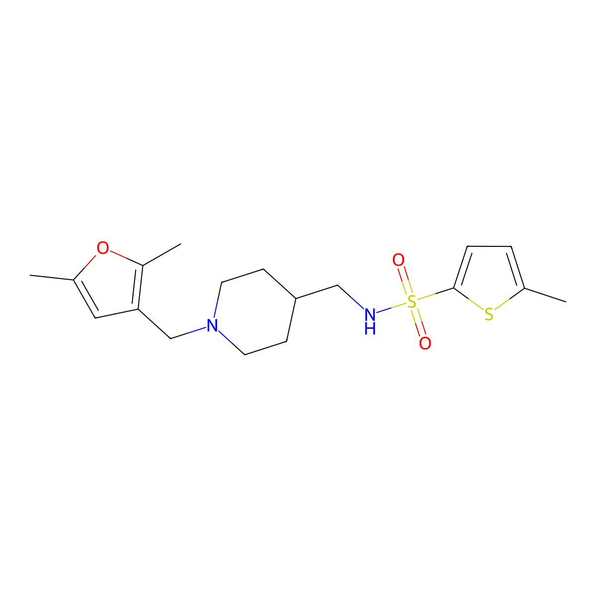 N-((1-((2,5-dimethylfuran-3-yl)methyl)piperidin-4-yl)methyl)-5-methylthiophene-2-sulfonamide molecular structure, CAS 1235227-63-0
