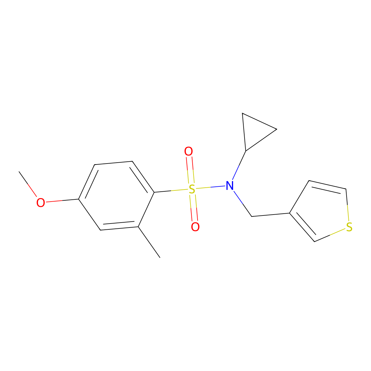 N-cyclopropyl-4-methoxy-2-methyl-N-(thiophen-3-ylmethyl)benzenesulfonamide molecular structure, CAS 1235227-84-5
