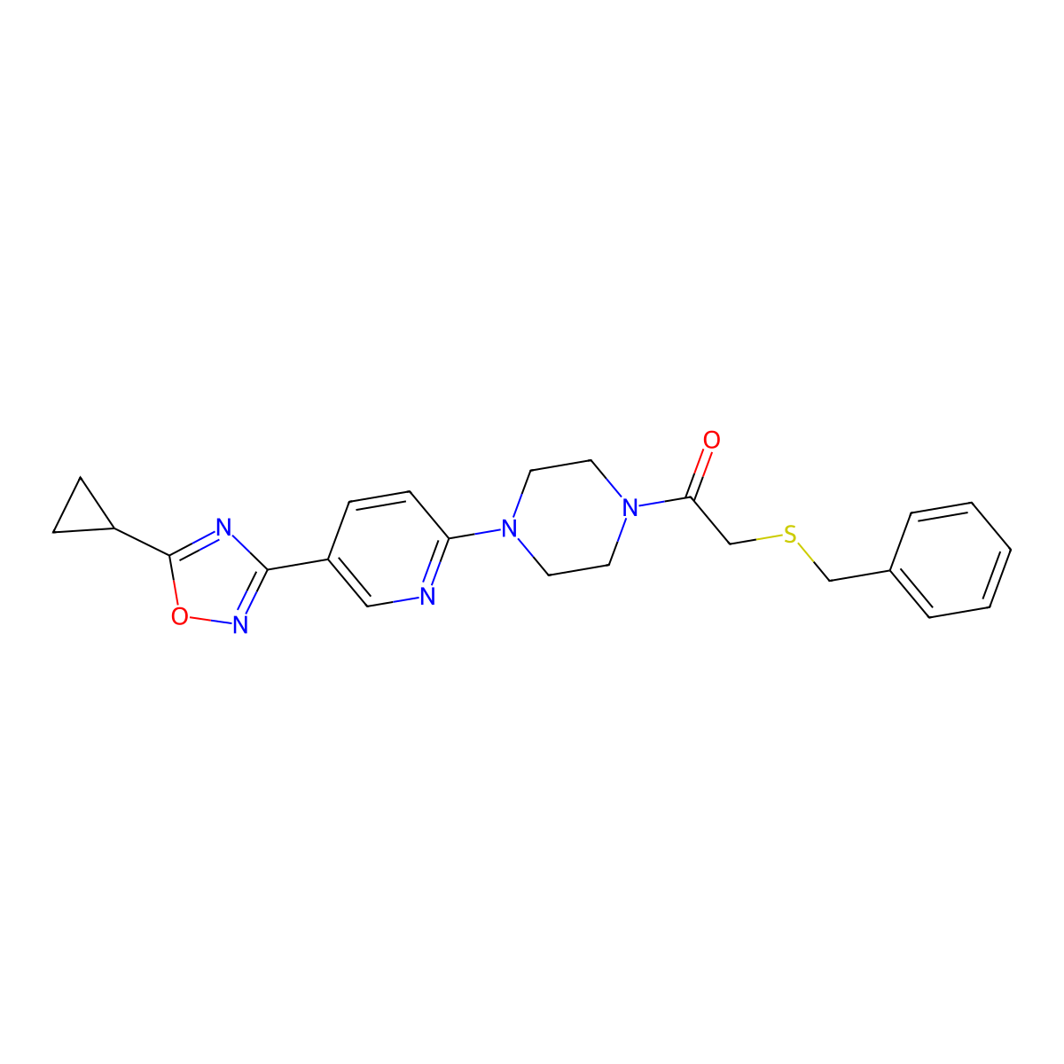 2-(Benzylthio)-1-(4-(5-(5-cyclopropyl-1,2,4-oxadiazol-3-yl)pyridin-2-yl)piperazin-1-yl)ethanone molecular structure, CAS 1235228-18-8