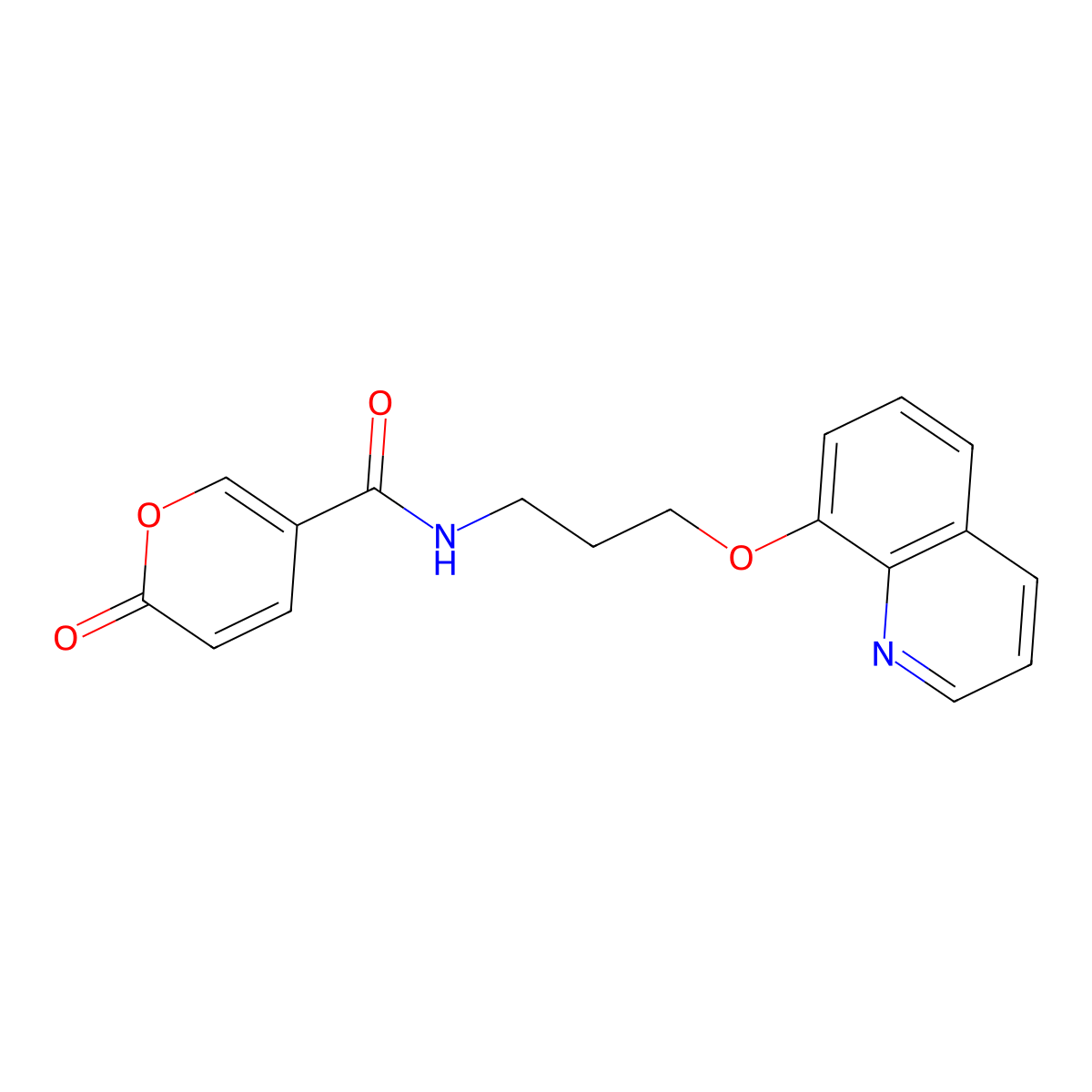 2-oxo-N-(3-(quinolin-8-yloxy)propyl)-2H-pyran-5-carboxamide molecular structure, CAS 1235233-06-3
