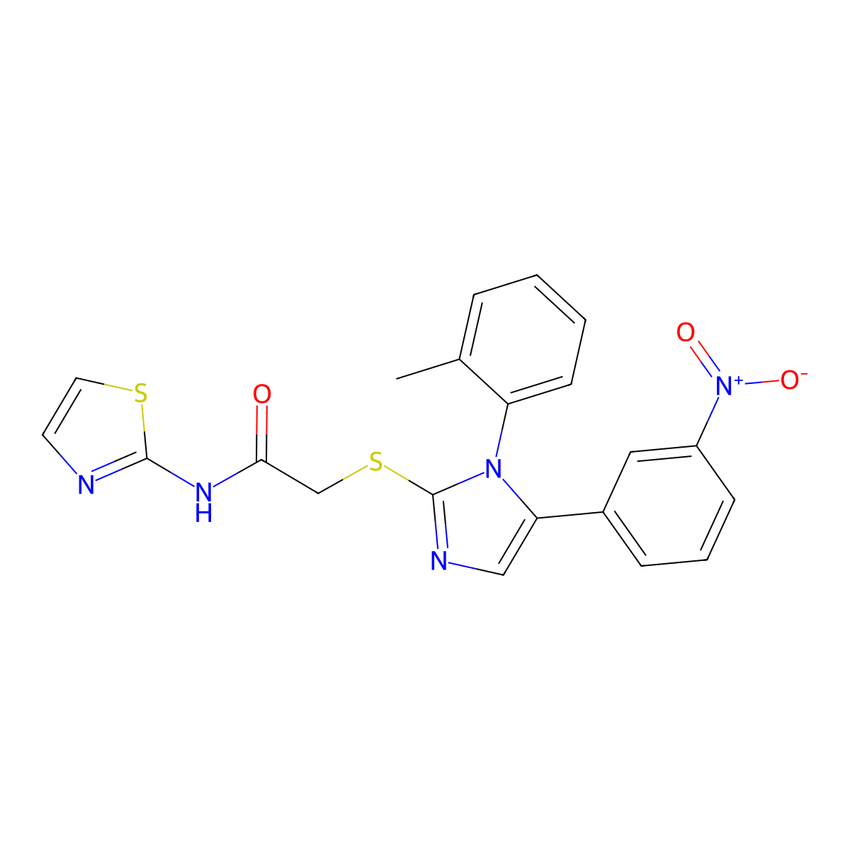 2-((5-(3-nitrophenyl)-1-(o-tolyl)-1H-imidazol-2-yl)thio)-N-(thiazol-2-yl)acetamide molecular structure, CAS 1235233-92-7