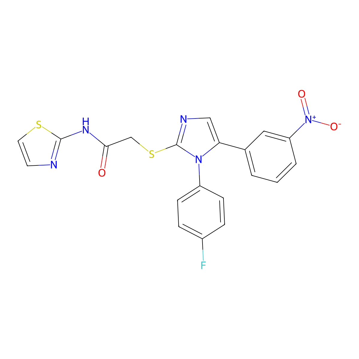 2-((1-(4-fluorophenyl)-5-(3-nitrophenyl)-1H-imidazol-2-yl)thio)-N-(thiazol-2-yl)acetamide molecular structure, CAS 1235240-21-7