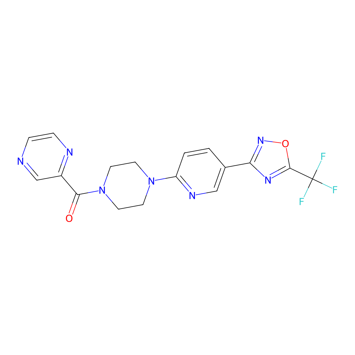 2-(4-{5-[5-(Trifluoromethyl)-1,2,4-oxadiazol-3-yl]pyridin-2-yl}piperazine-1-carbonyl)pyrazine molecular structure, CAS 1235241-45-8