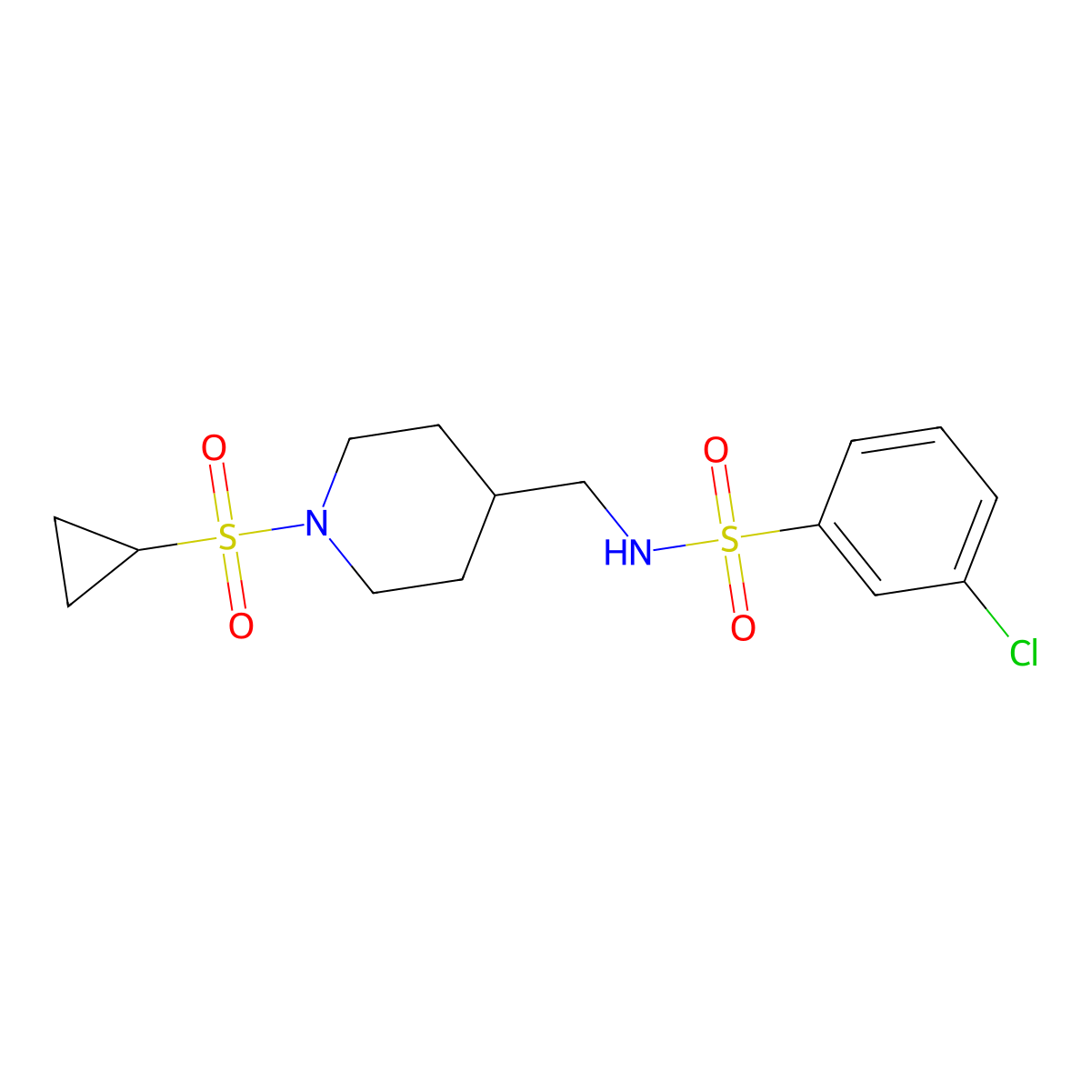 3-chloro-N-((1-(cyclopropylsulfonyl)piperidin-4-yl)methyl)benzenesulfonamide molecular structure, CAS 1235249-83-8