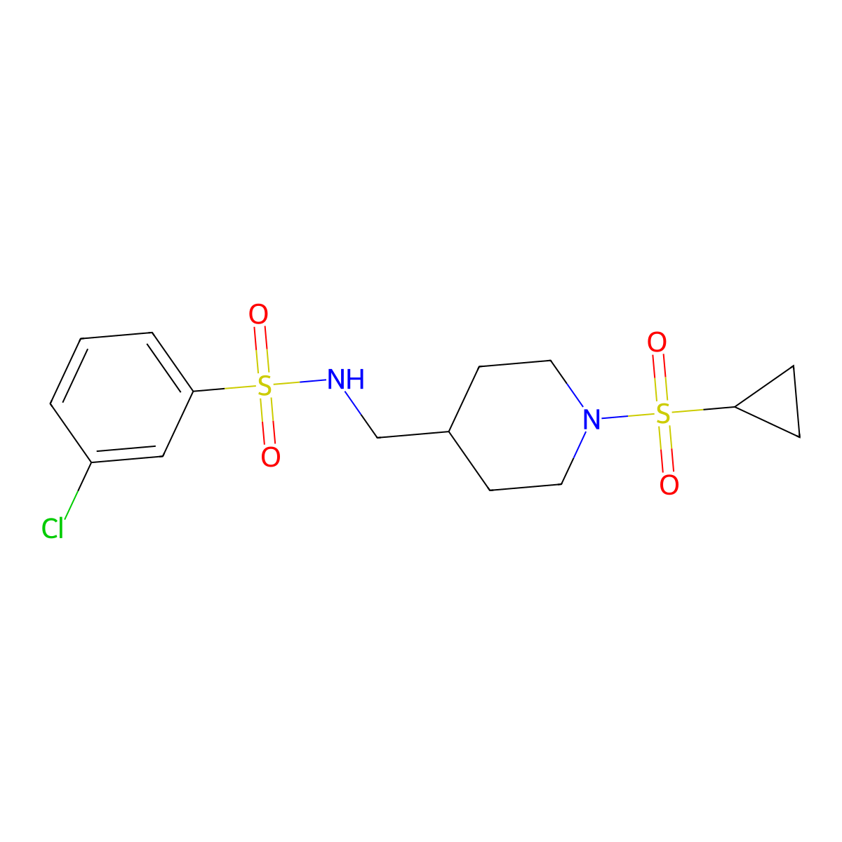 3-chloro-N-((1-(cyclopropylsulfonyl)piperidin-4-yl)methyl)benzenesulfonamide molecular structure, CAS 1235249-83-8