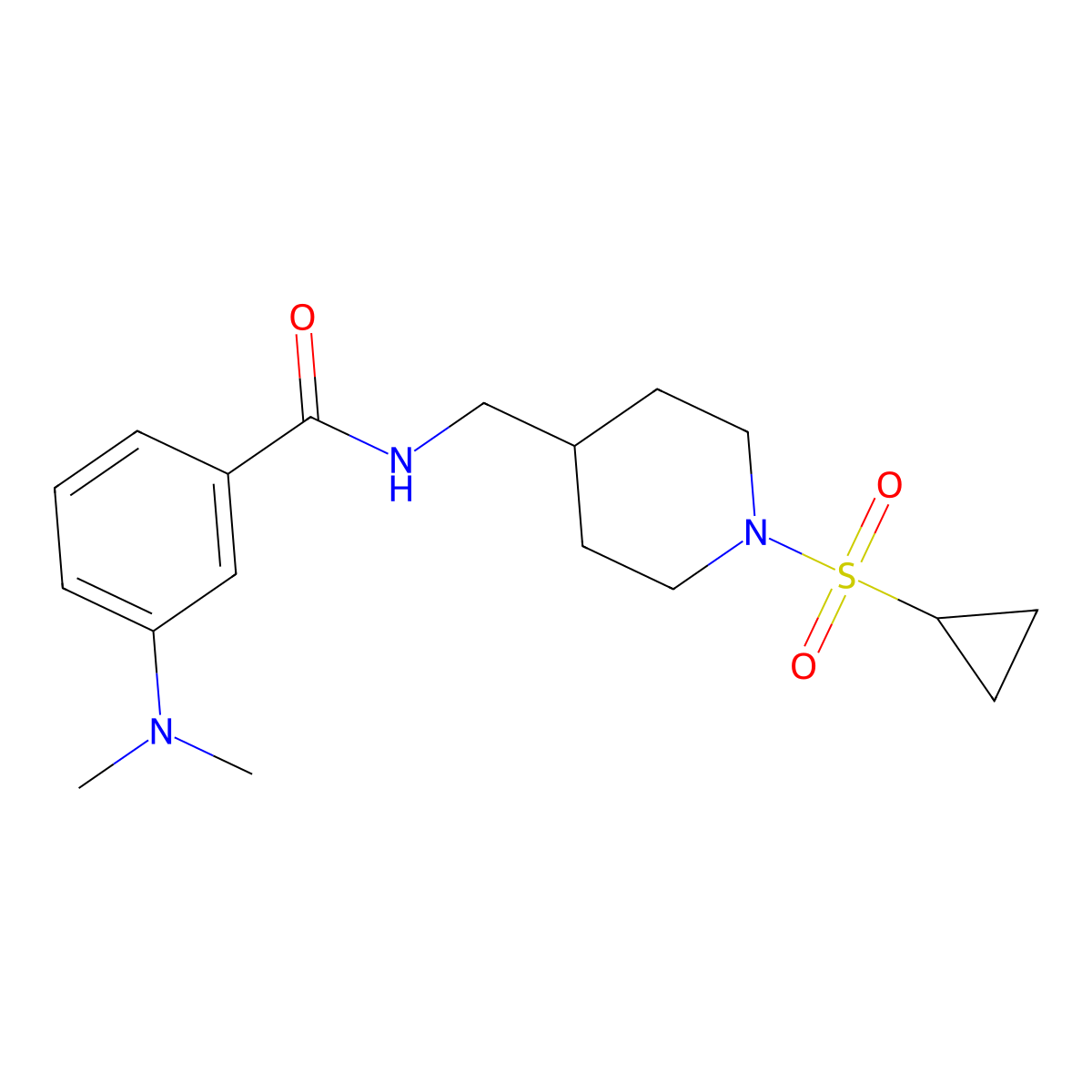 N-((1-(cyclopropylsulfonyl)piperidin-4-yl)methyl)-3-(dimethylamino)benzamide molecular structure, CAS 1235266-86-0
