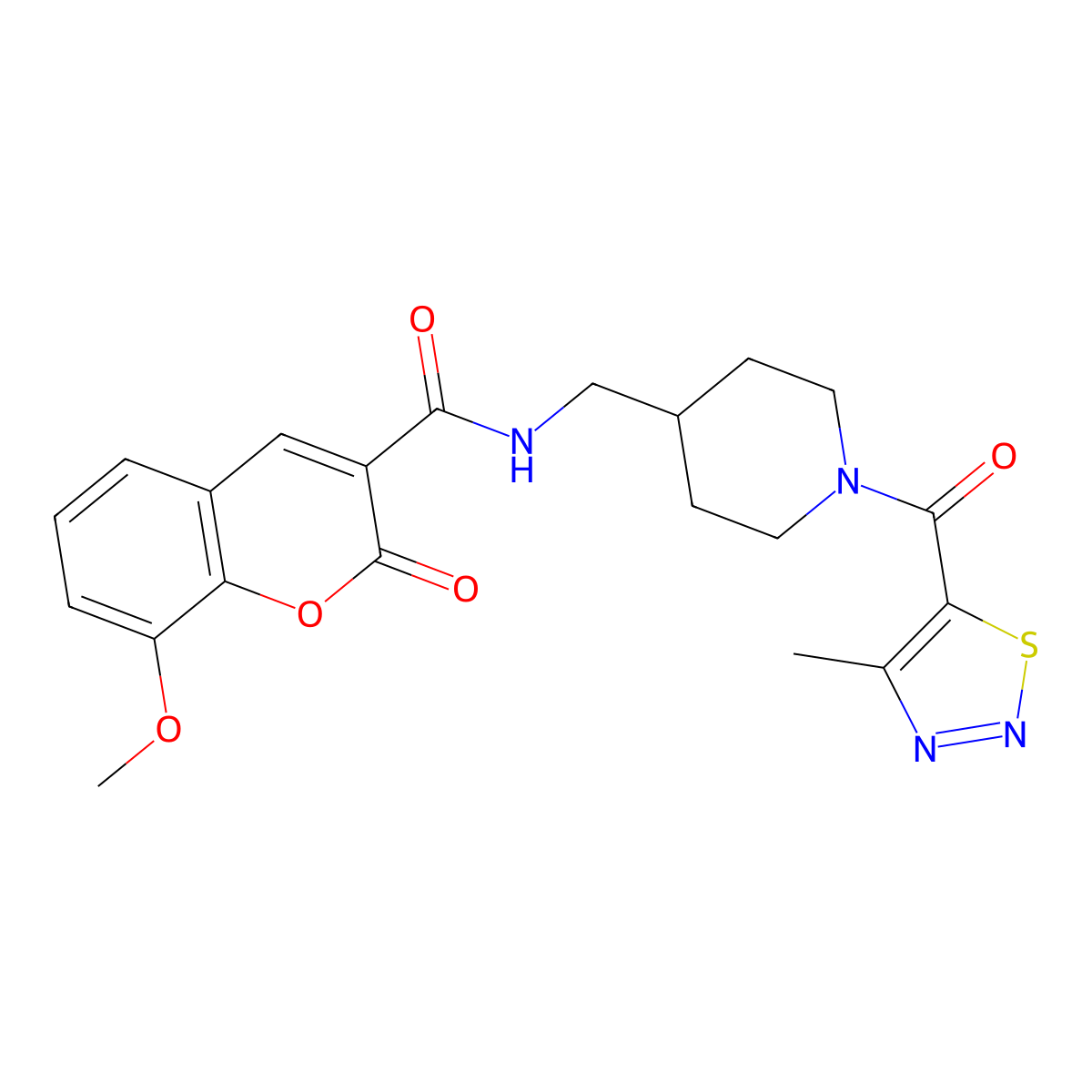 8-methoxy-N-((1-(4-methyl-1,2,3-thiadiazole-5-carbonyl)piperidin-4-yl)methyl)-2-oxo-2H-chromene-3-carboxamide molecular structure, CAS 1235267-66-9