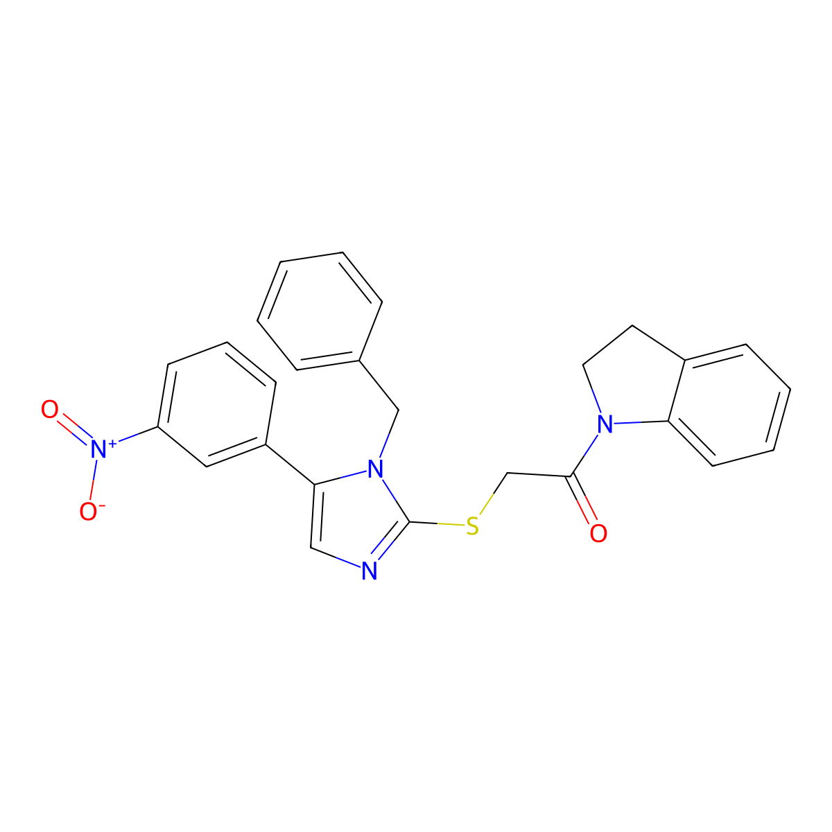 2-((1-benzyl-5-(3-nitrophenyl)-1H-imidazol-2-yl)thio)-1-(indolin-1-yl)ethanone molecular structure, CAS 1235267-85-2