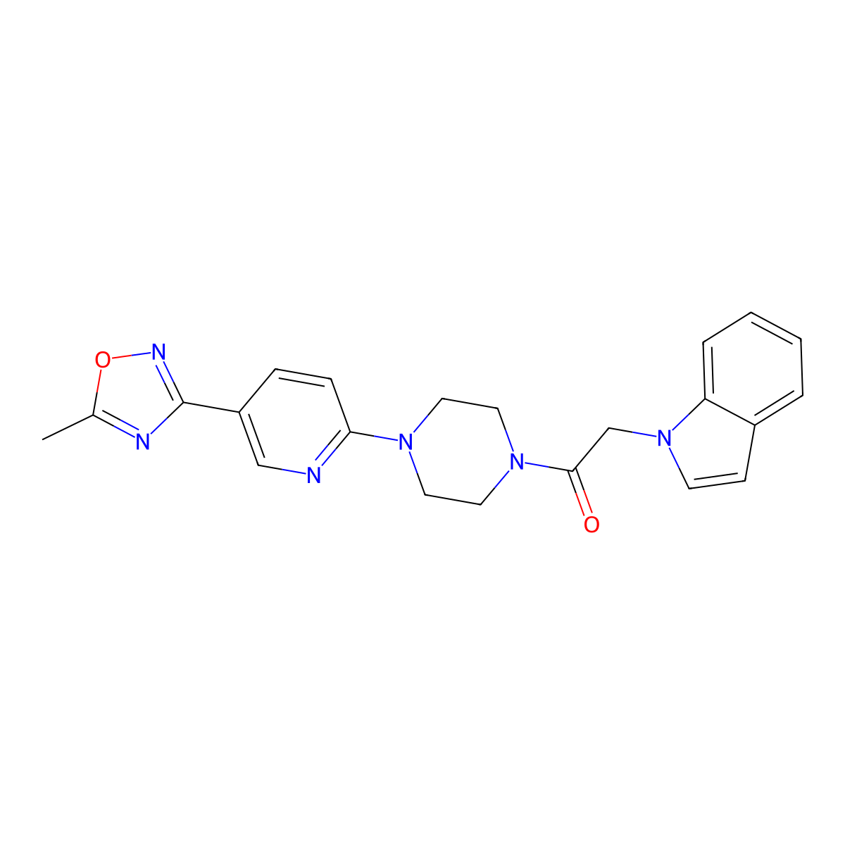 2-(1H-indol-1-yl)-1-(4-(5-(5-methyl-1,2,4-oxadiazol-3-yl)pyridin-2-yl)piperazin-1-yl)ethanone molecular structure, CAS 1235278-37-1