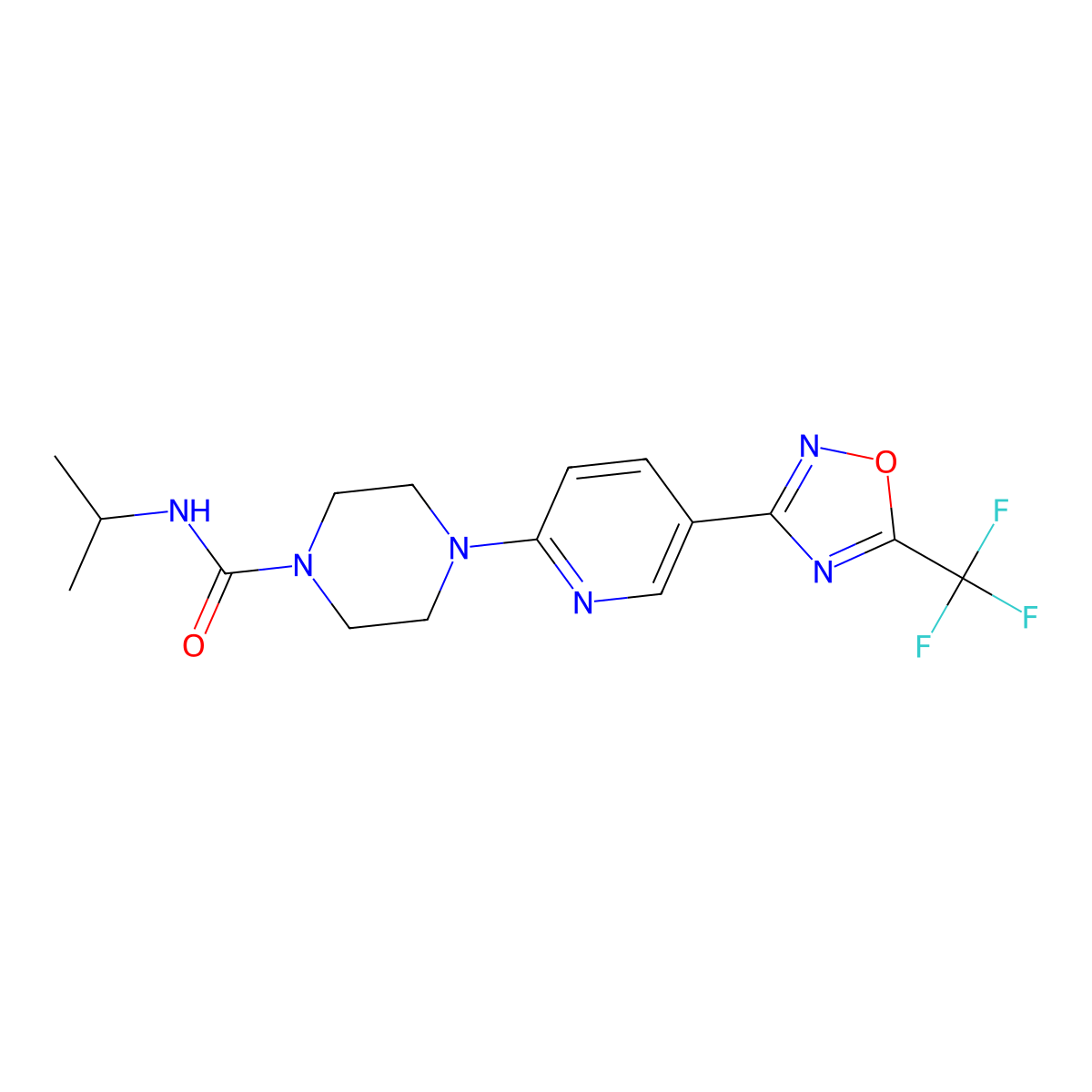 N-isopropyl-4-(5-(5-(trifluoromethyl)-1,2,4-oxadiazol-3-yl)pyridin-2-yl)piperazine-1-carboxamide molecular structure, CAS 1235278-45-1