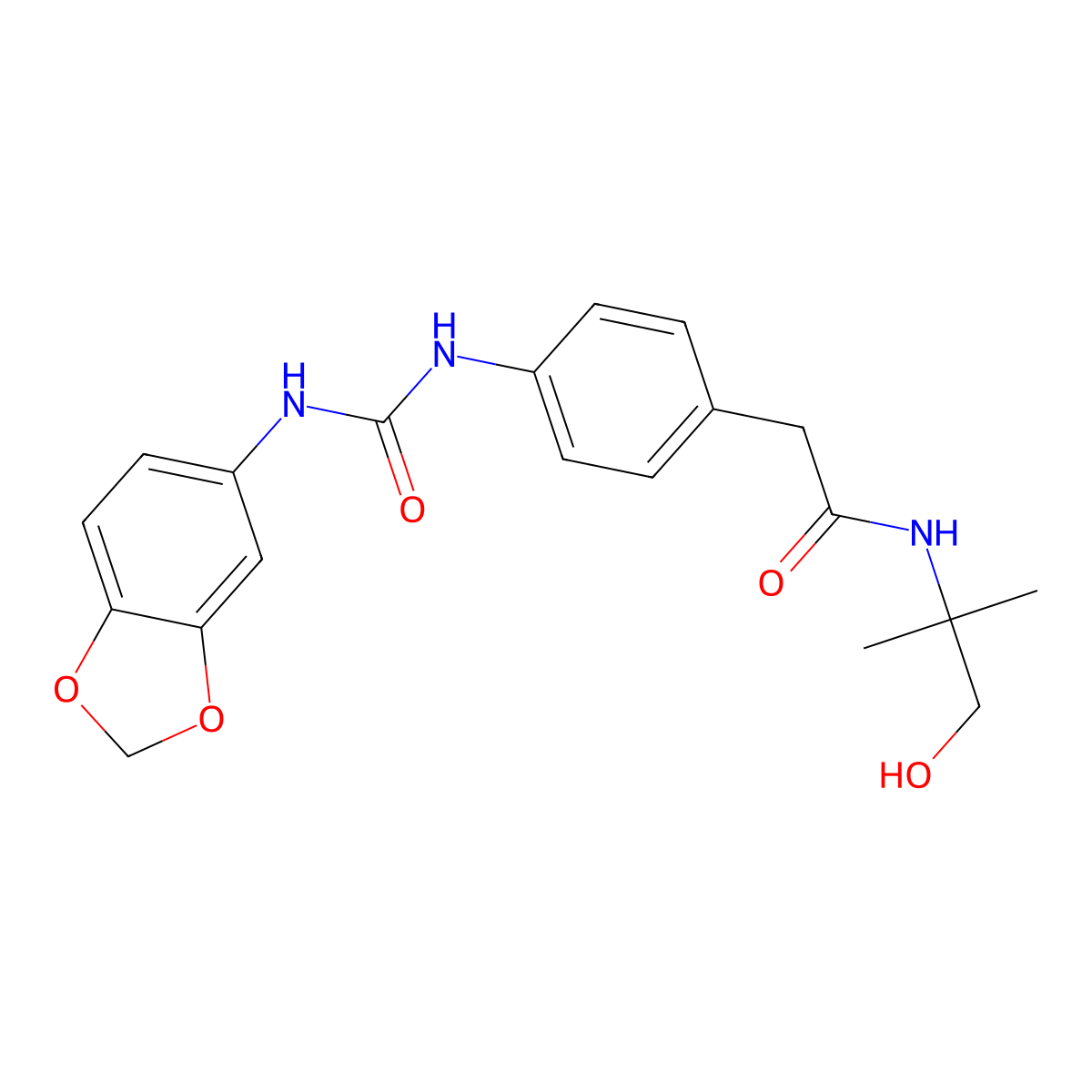 2-(4-(3-(benzo[d][1,3]dioxol-5-yl)ureido)phenyl)-N-(1-hydroxy-2-methylpropan-2-yl)acetamide molecular structure, CAS 1235279-89-6