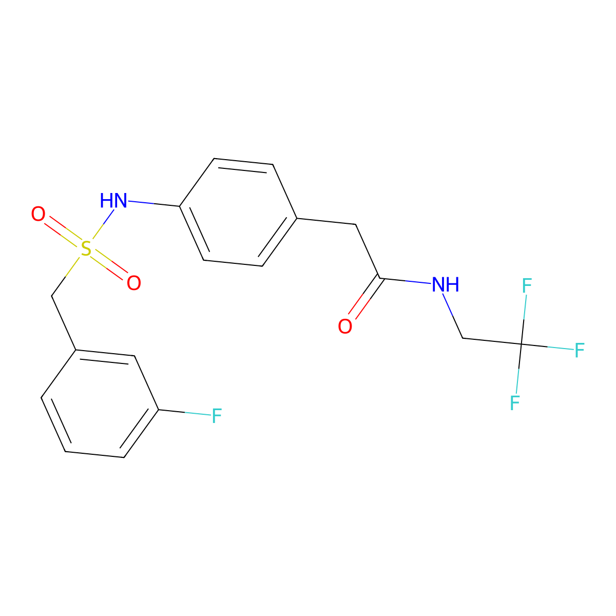2-(4-((3-fluorophenyl)methylsulfonamido)phenyl)-N-(2,2,2-trifluoroethyl)acetamide molecular structure, CAS 1235282-17-3