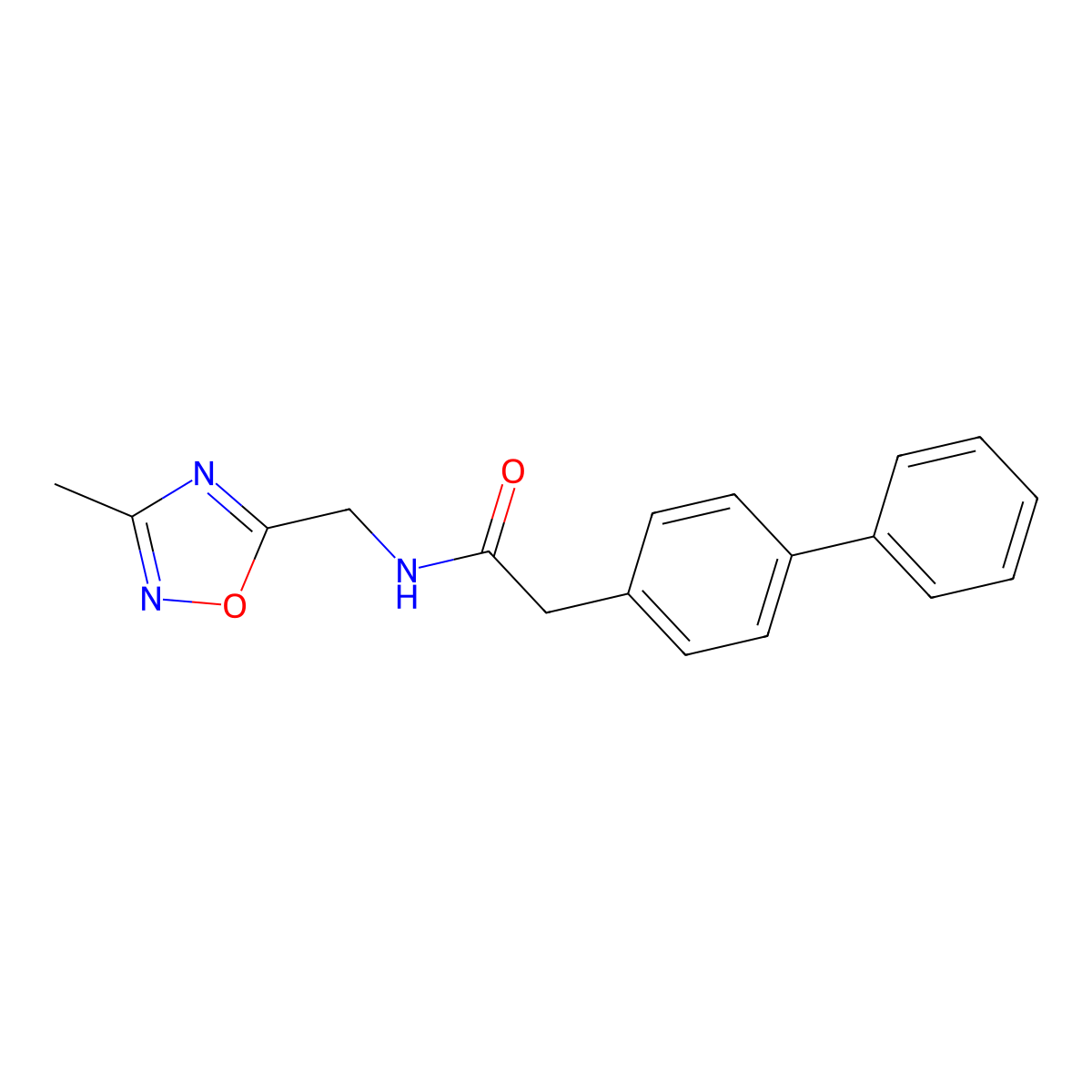 2-([1,1'-biphenyl]-4-yl)-N-((3-methyl-1,2,4-oxadiazol-5-yl)methyl)acetamide molecular structure, CAS 1235282-40-2