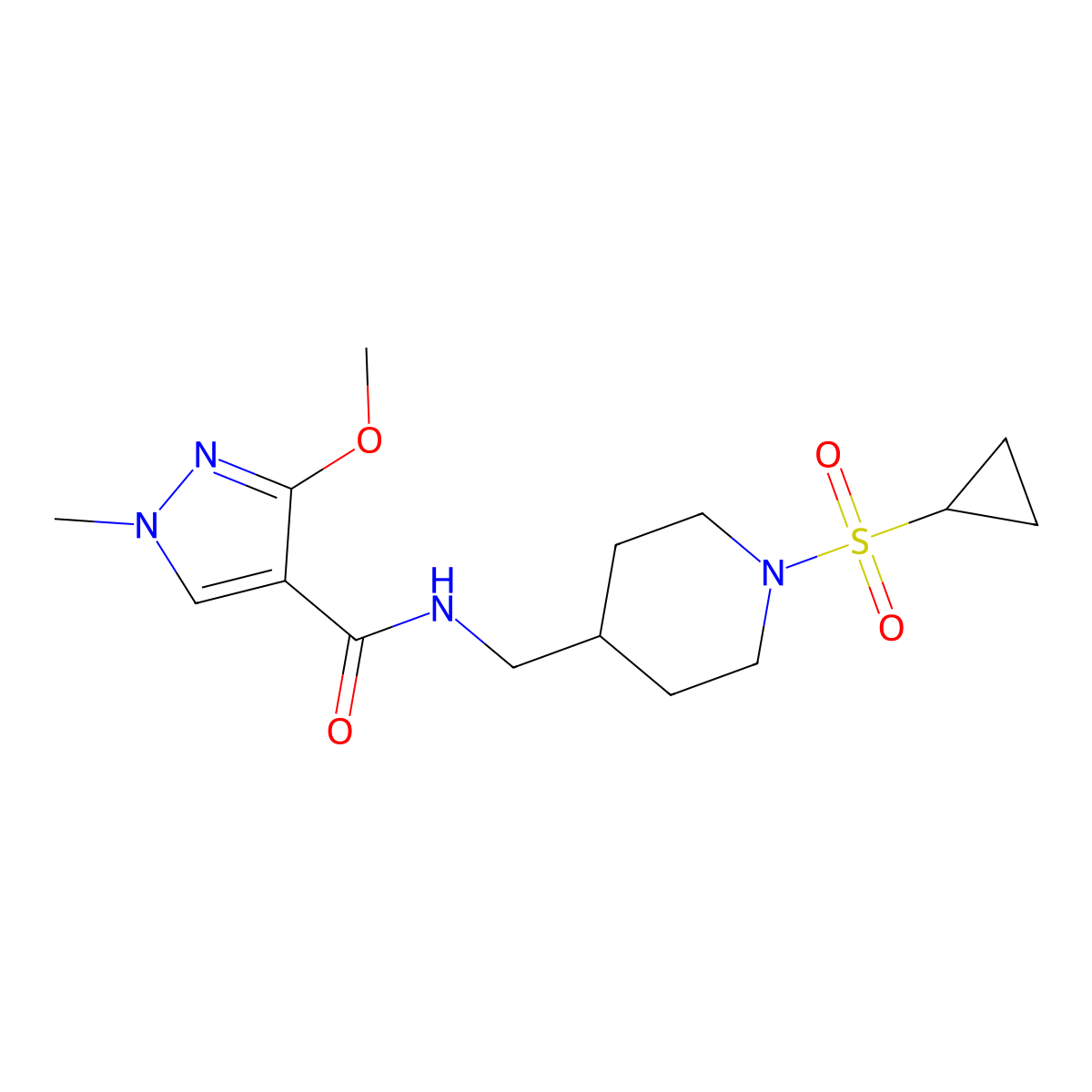 N-((1-(cyclopropylsulfonyl)piperidin-4-yl)methyl)-3-methoxy-1-methyl-1H-pyrazole-4-carboxamide molecular structure, CAS 1235282-49-1