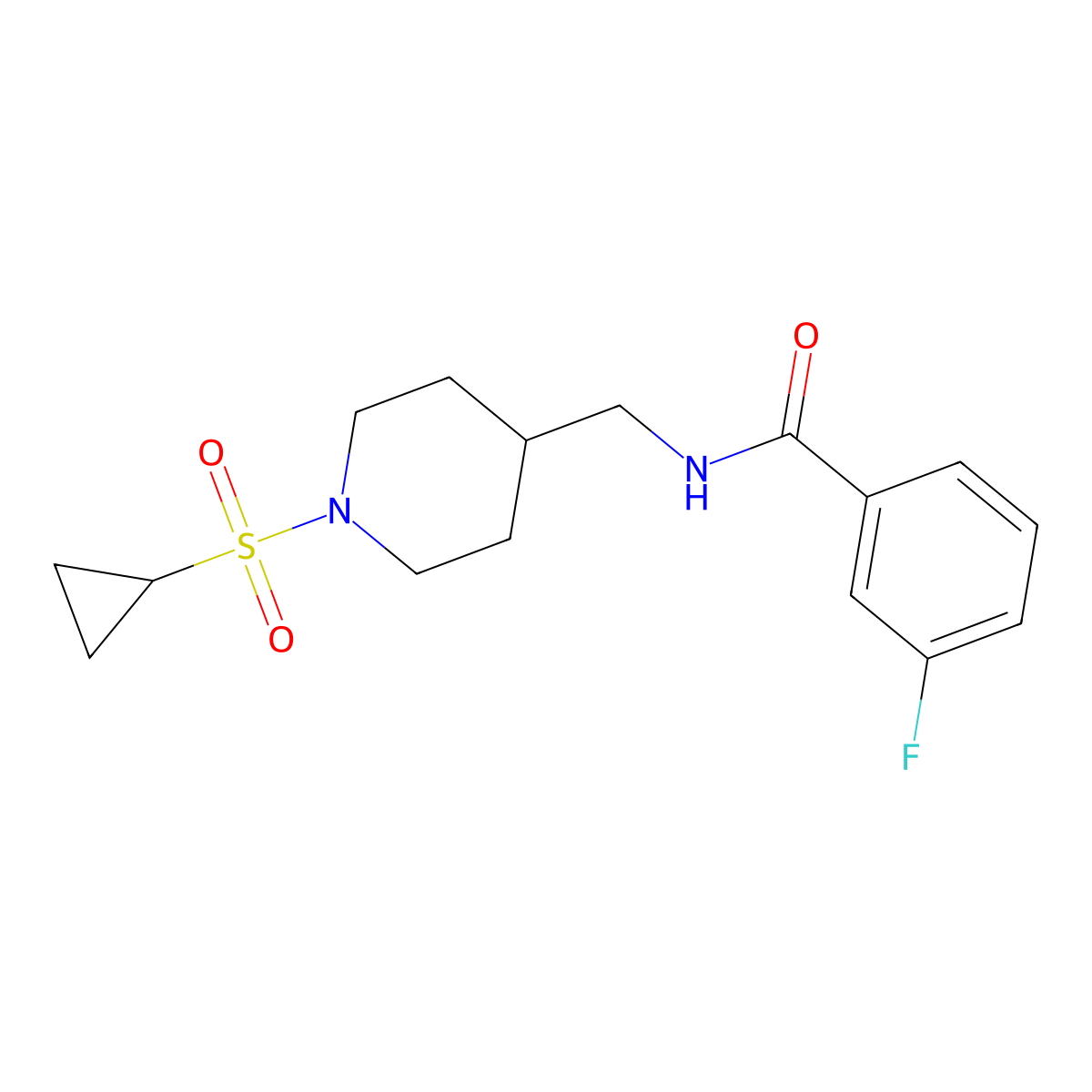 N-((1-(cyclopropylsulfonyl)piperidin-4-yl)methyl)-3-fluorobenzamide molecular structure, CAS 1235284-23-7