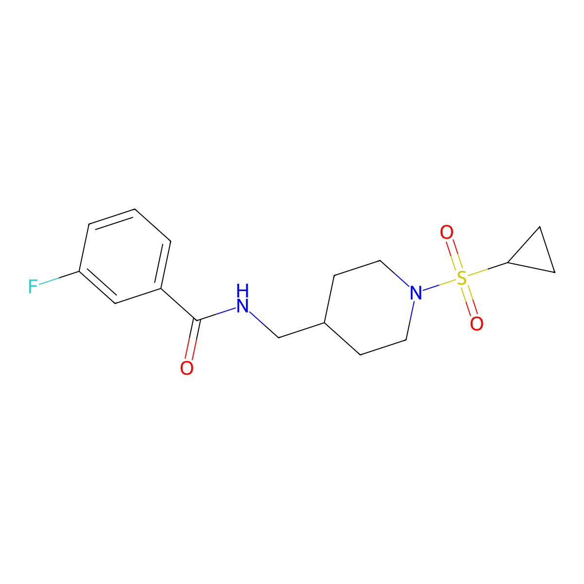 N-((1-(cyclopropylsulfonyl)piperidin-4-yl)methyl)-3-fluorobenzamide molecular structure, CAS 1235284-23-7