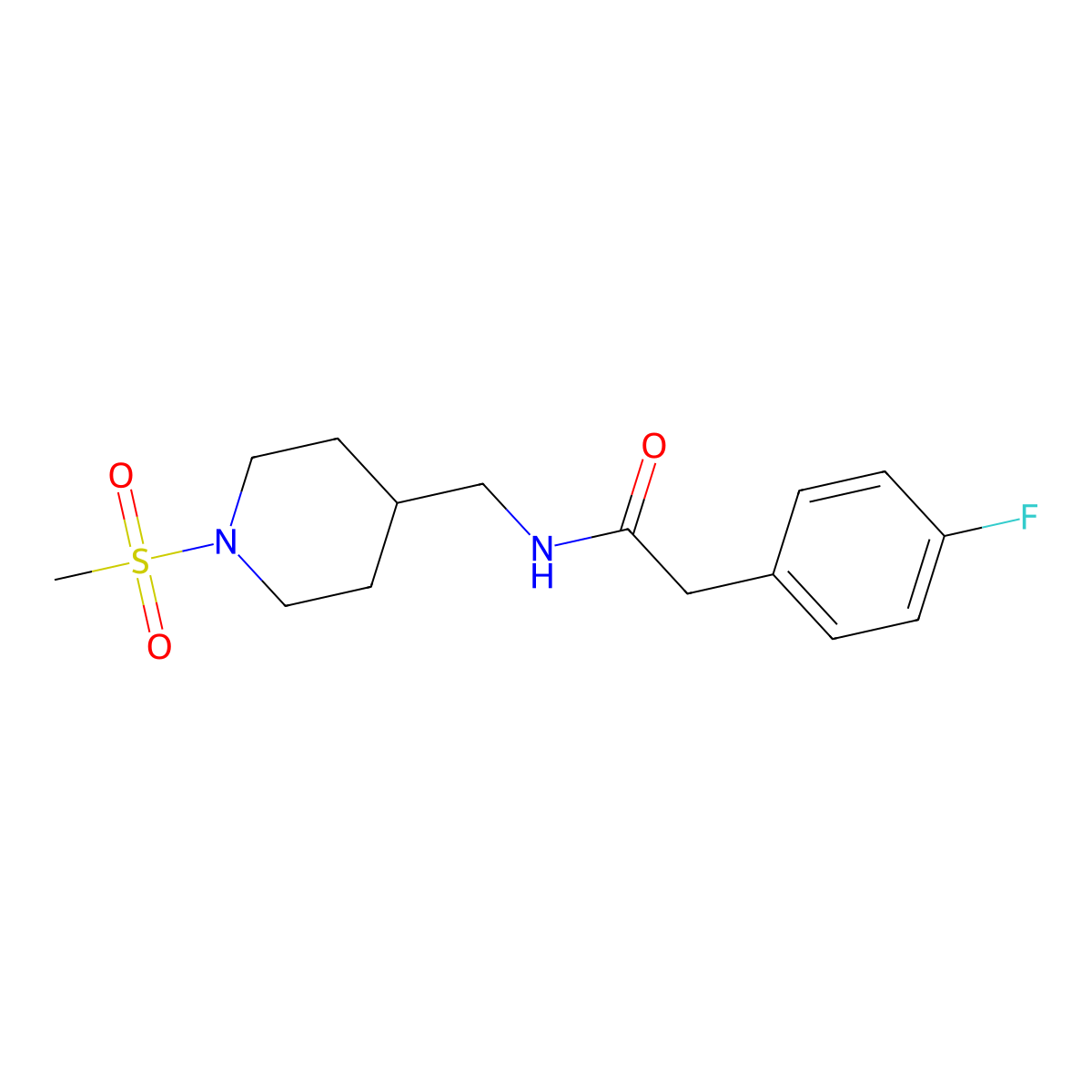 2-(4-fluorophenyl)-N-((1-(methylsulfonyl)piperidin-4-yl)methyl)acetamide molecular structure, CAS 1235289-46-9