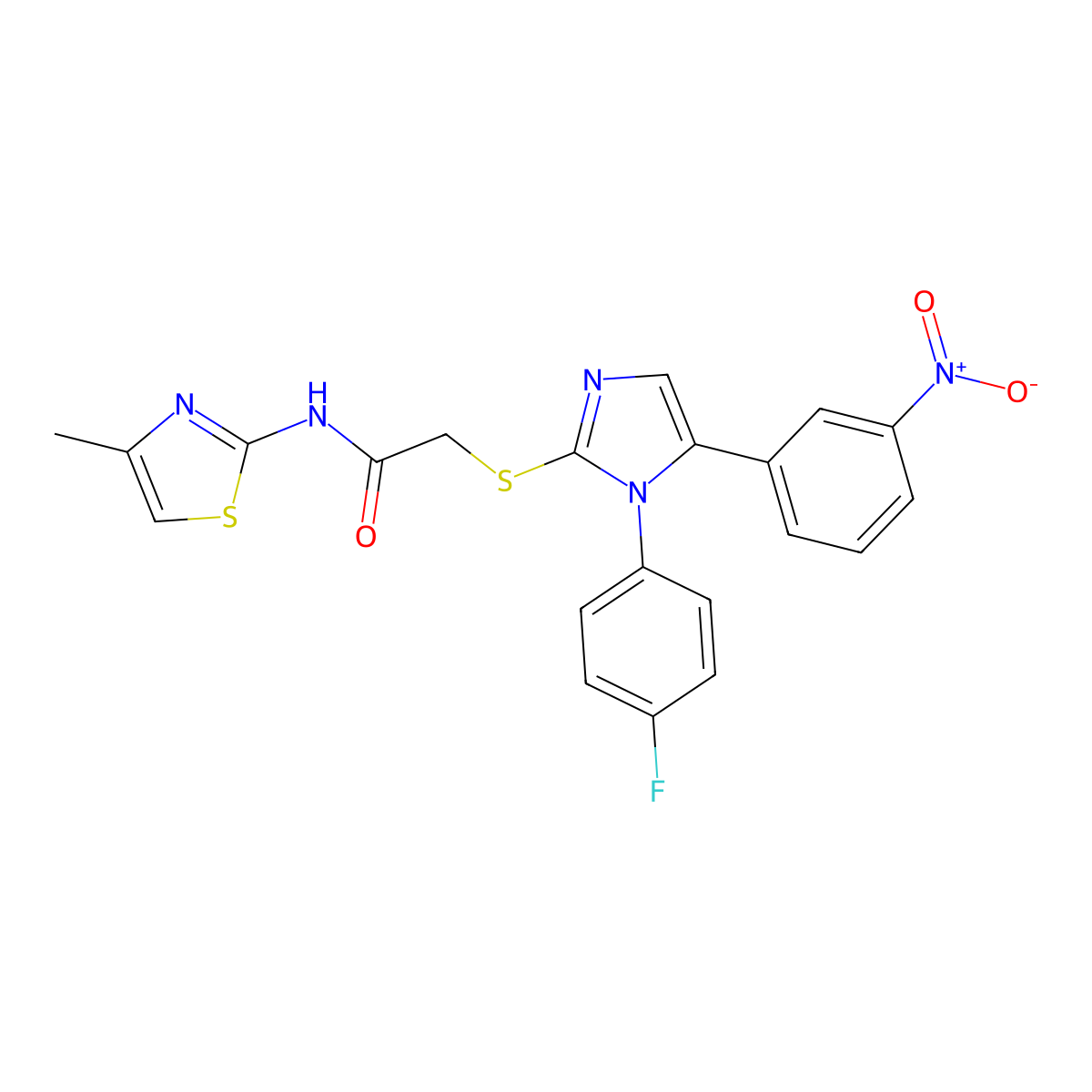 2-((1-(4-fluorophenyl)-5-(3-nitrophenyl)-1H-imidazol-2-yl)thio)-N-(4-methylthiazol-2-yl)acetamide molecular structure, CAS 1235289-51-6