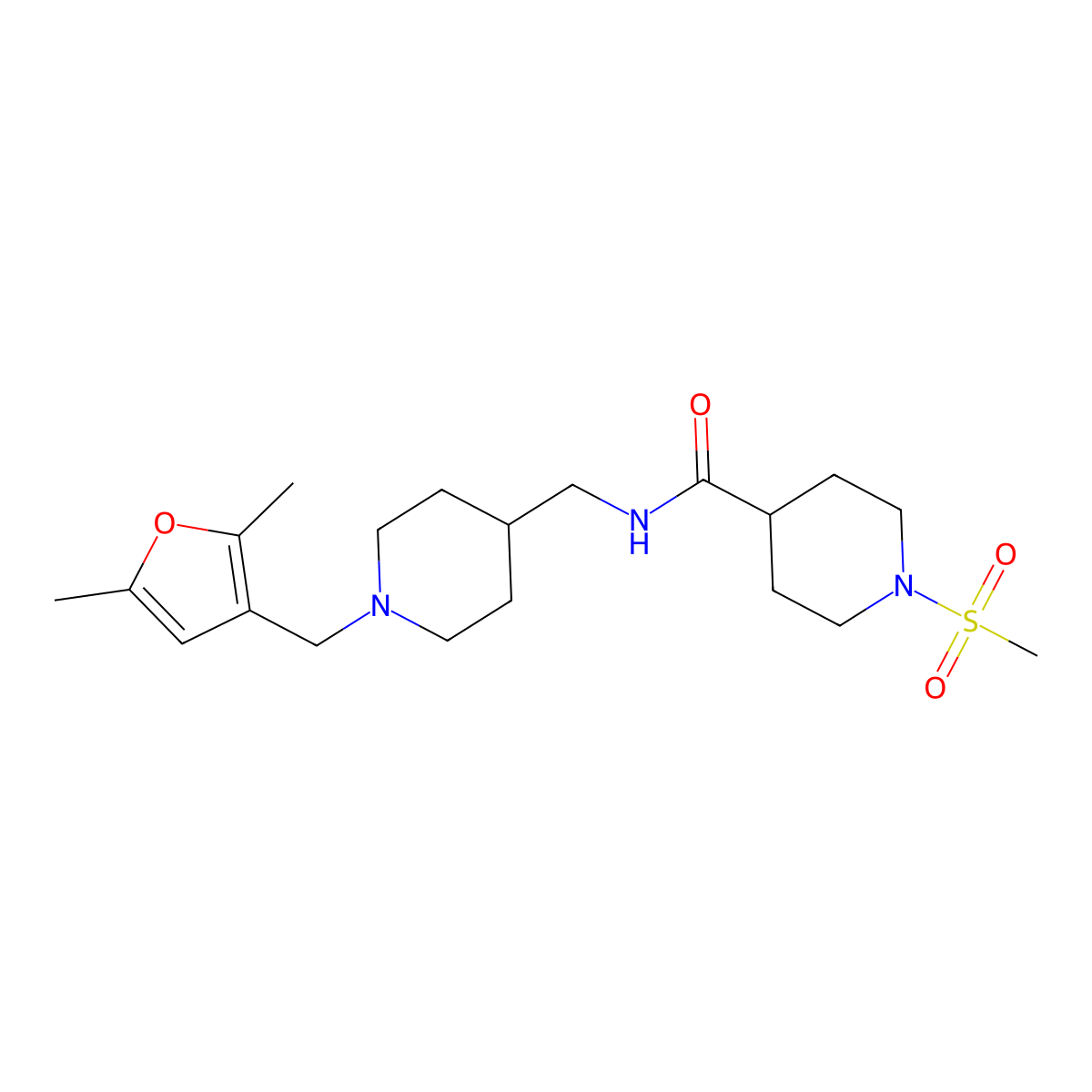 N-((1-((2,5-dimethylfuran-3-yl)methyl)piperidin-4-yl)methyl)-1-(methylsulfonyl)piperidine-4-carboxamide molecular structure, CAS 1235289-95-8