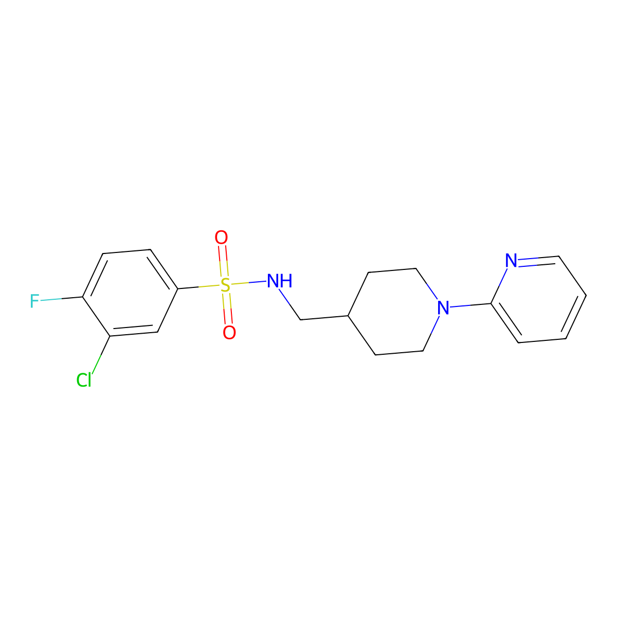 3-chloro-4-fluoro-N-((1-(pyridin-2-yl)piperidin-4-yl)methyl)benzenesulfonamide molecular structure, CAS 1235293-05-6