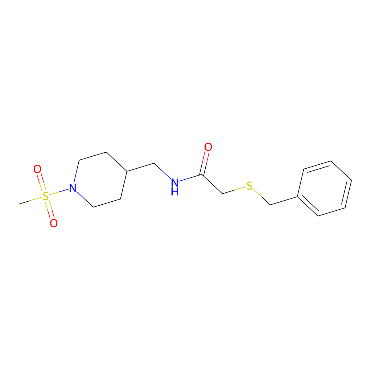 2-(benzylthio)-N-((1-(methylsulfonyl)piperidin-4-yl)methyl)acetamide molecular structure, CAS 1235294-59-3