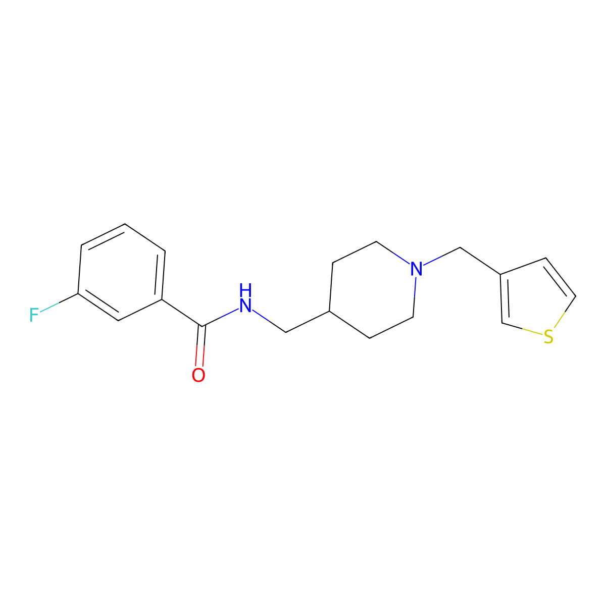 3-fluoro-N-((1-(thiophen-3-ylmethyl)piperidin-4-yl)methyl)benzamide molecular structure, CAS 1235296-96-4