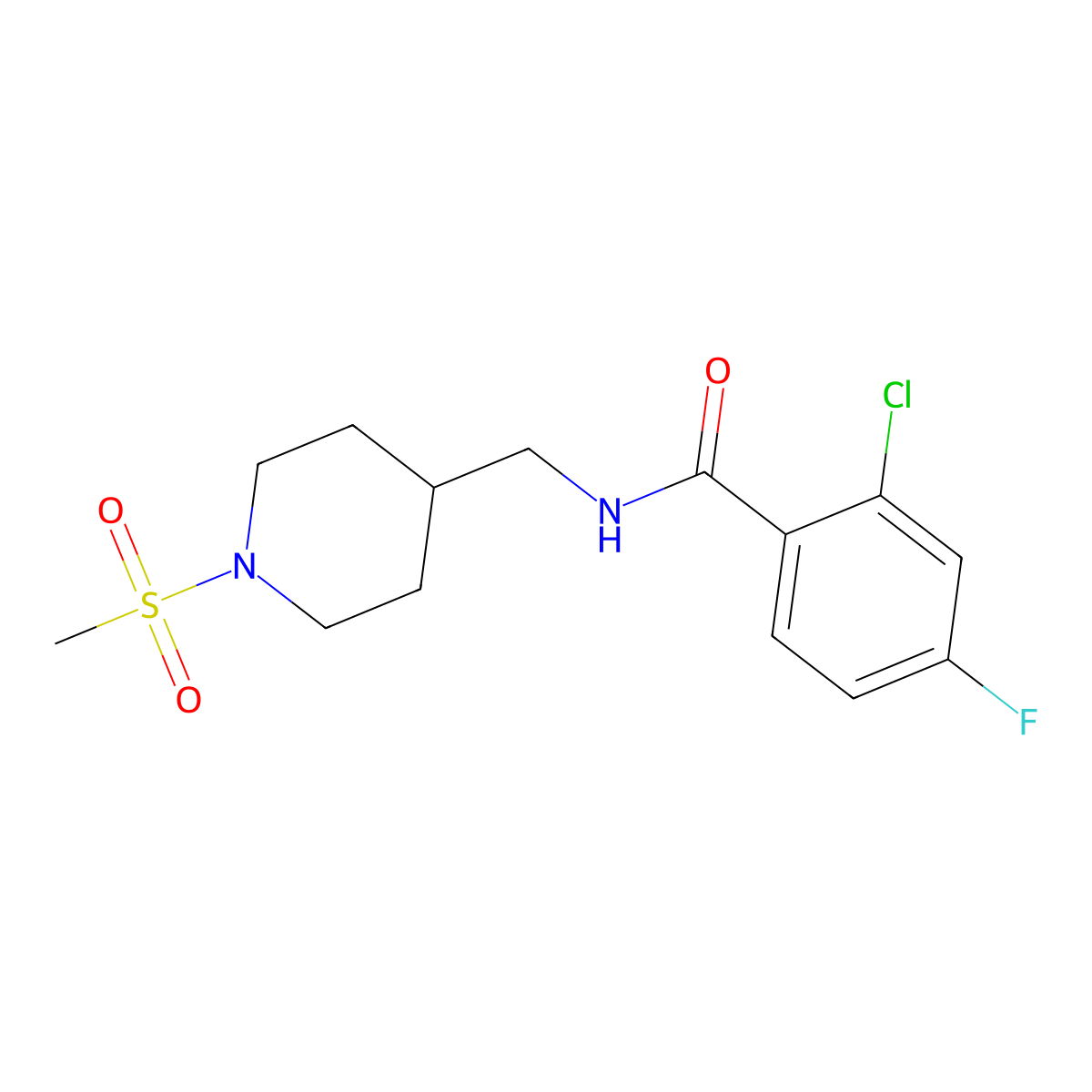 2-chloro-4-fluoro-N-((1-(methylsulfonyl)piperidin-4-yl)methyl)benzamide molecular structure, CAS 1235297-78-5