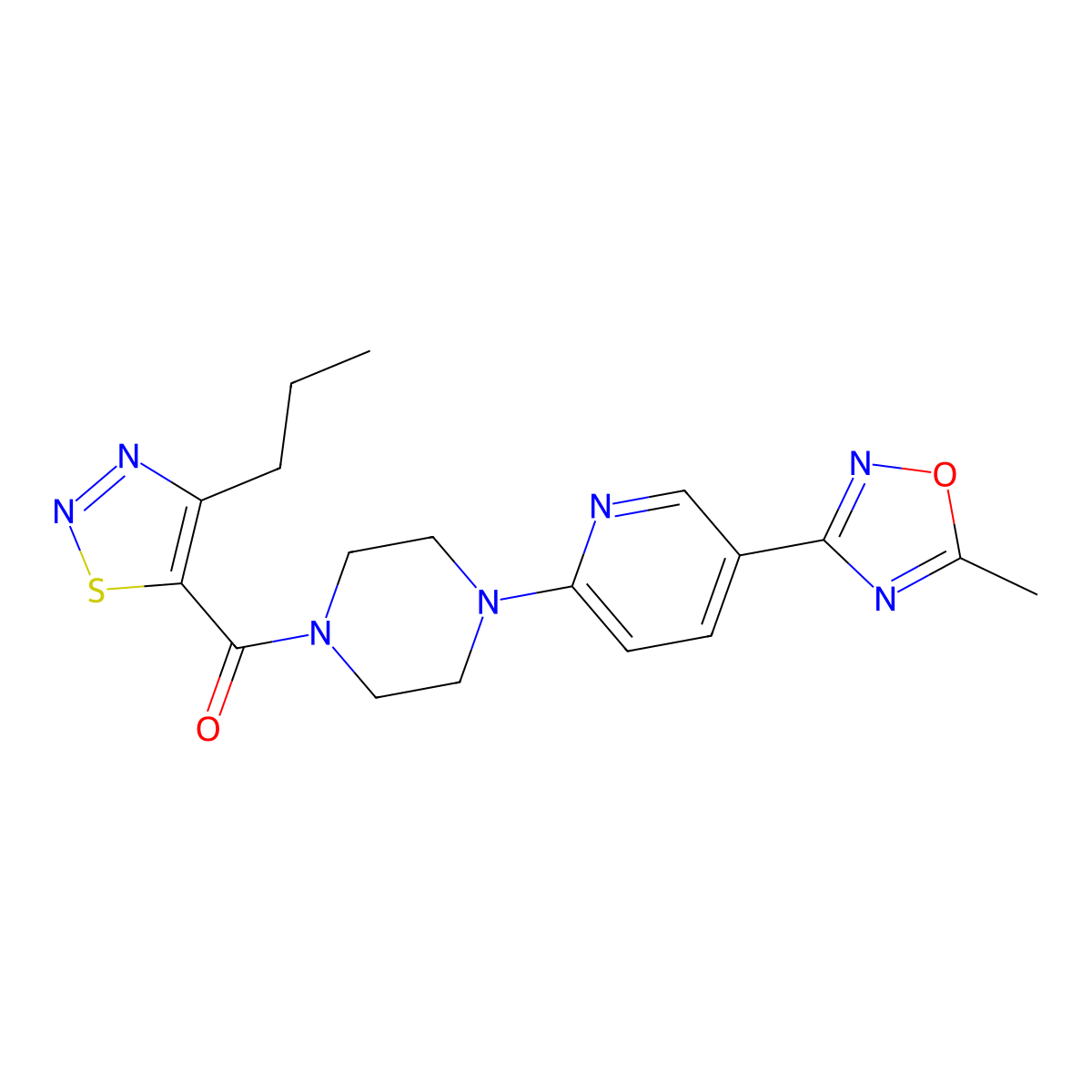 (4-(5-(5-Methyl-1,2,4-oxadiazol-3-yl)pyridin-2-yl)piperazin-1-yl)(4-propyl-1,2,3-thiadiazol-5-yl)methanone molecular structure, CAS 1235300-29-4