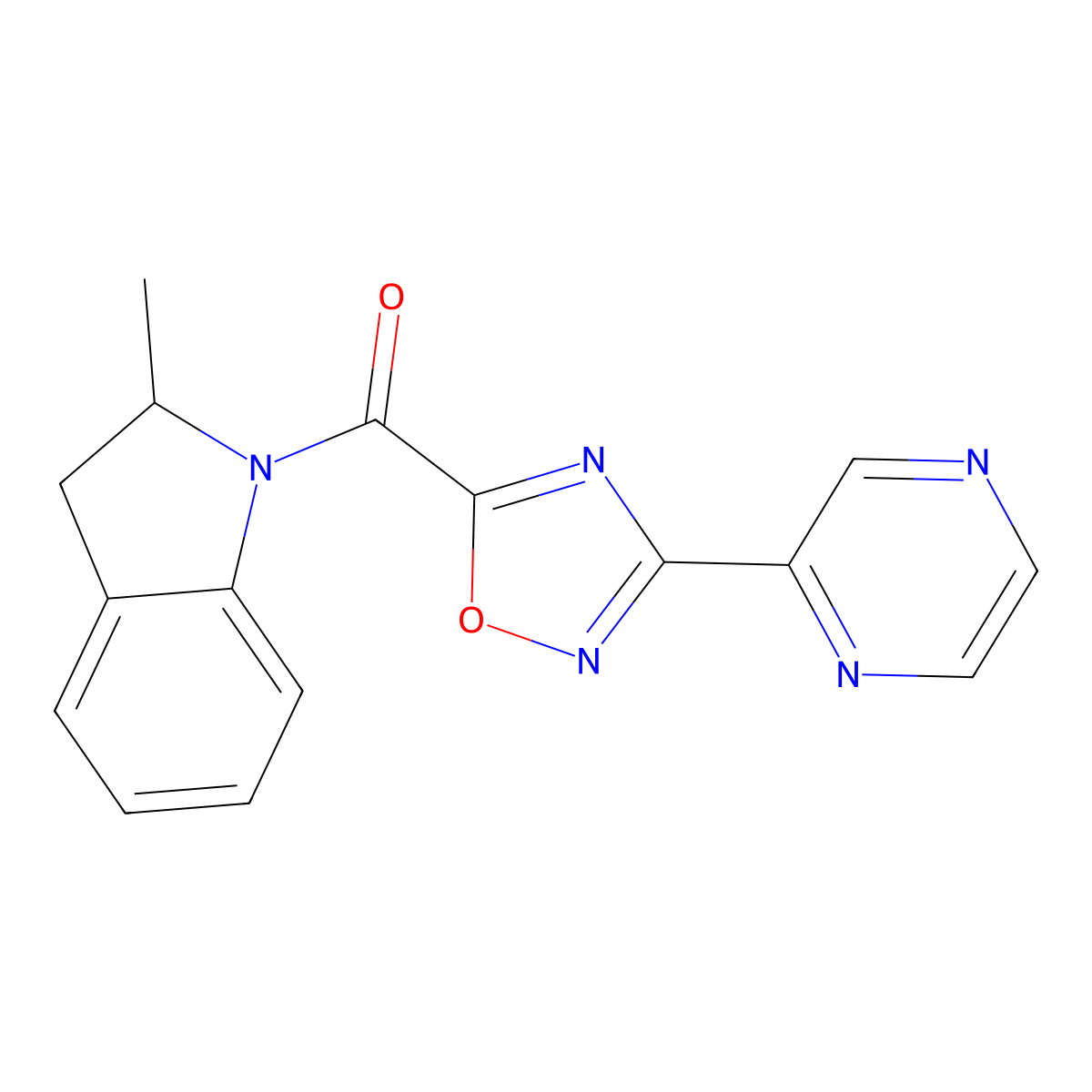 (2-Methylindolin-1-yl)(3-(pyrazin-2-yl)-1,2,4-oxadiazol-5-yl)methanone molecular structure, CAS 1235301-29-7