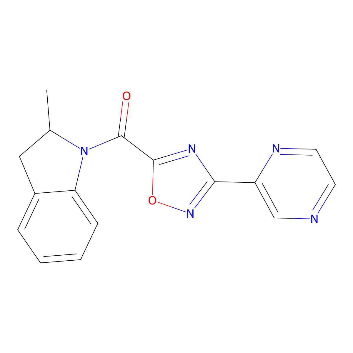 (2-Methylindolin-1-yl)(3-(pyrazin-2-yl)-1,2,4-oxadiazol-5-yl)methanone molecular structure, CAS 1235301-29-7
