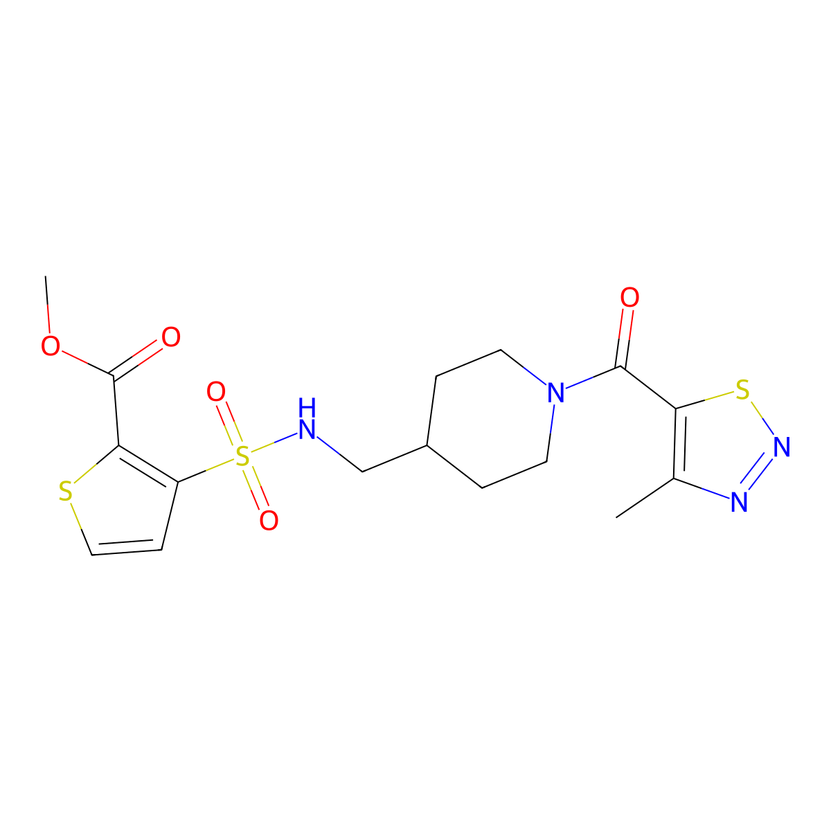 methyl 3-(N-((1-(4-methyl-1,2,3-thiadiazole-5-carbonyl)piperidin-4-yl)methyl)sulfamoyl)thiophene-2-carboxylate molecular structure, CAS 1235302-00-7